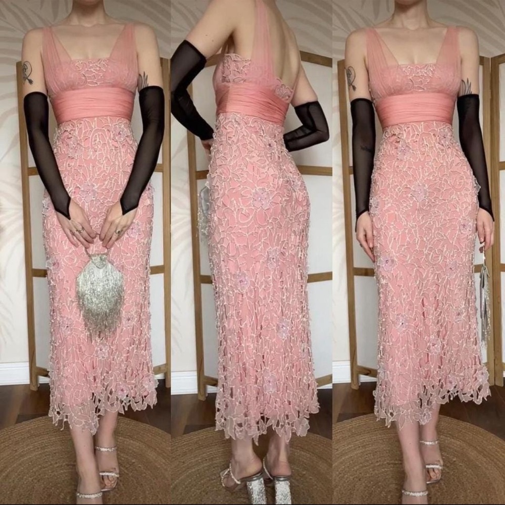 Patric Casey peach 100% silk beaded midi dress uk 10/us 6/eu 38